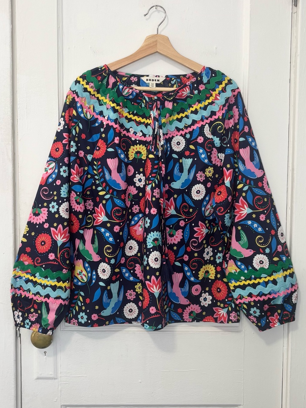 BODEN Women Smocked Cotton Blouse, French Navy, Decorative Garden, US 12,UK 16